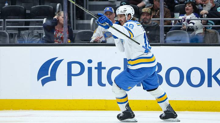 Mar 4, 2026; Seattle, Washington, USA; St. Louis Blues center Robert Thomas (18) reacts after scoring a goal in the third period against the Seattle Kraken at Climate Pledge Arena. Mandatory Credit: Kevin Ng-Imagn Images Mar 4, 2026; Seattle, Washington, USA; St. Louis Blues center Robert Thomas (18) reacts after scoring a goal in the third period against the Seattle Kraken at Climate Pledge Arena. Mandatory Credit: Kevin Ng-Imagn Images