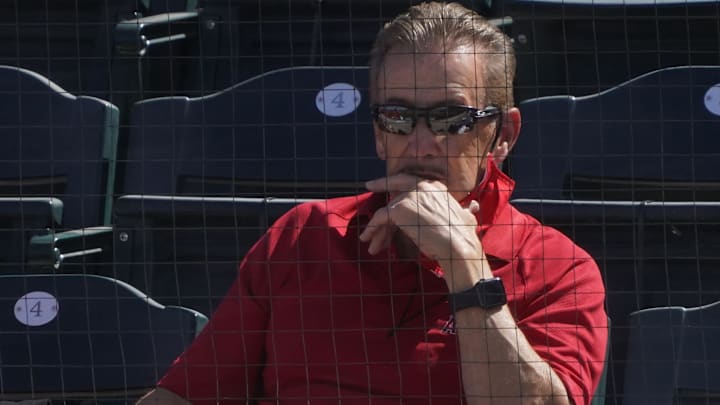 Mar 11, 2021; Tempe, Arizona, USA; Los Angeles Angels owner Arte Moreno watches game action during a spring training game against the San Francisco Giants at Tempe Diablo Stadium. Mandatory Credit: Rick Scuteri-Imagn Images