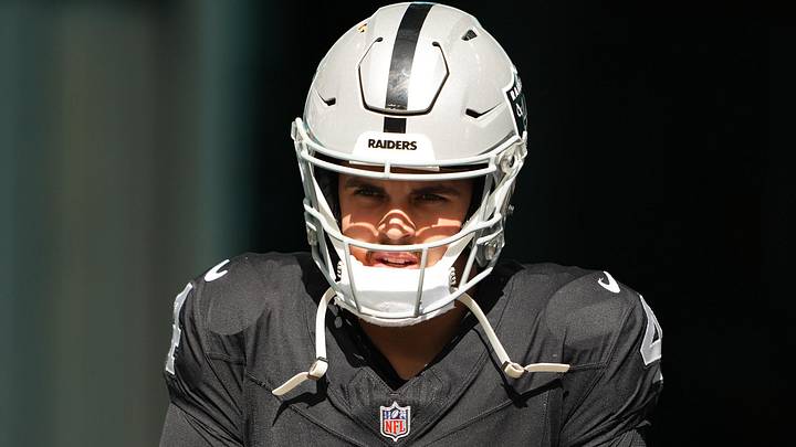 Nov 19, 2023; Miami Gardens, Florida, USA; Las Vegas Raiders quarterback Aidan O'Connell (4) takes