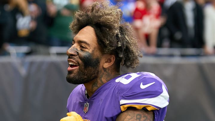 Oct 2, 2022;  London, United Kingdom;  Minnesota Vikings tight end Irv Smith Jr. (84) during the NFL International Series game at Tottenham Hotspur Stadium. Mandatory Credit: Peter van den Berg-Imagn Images