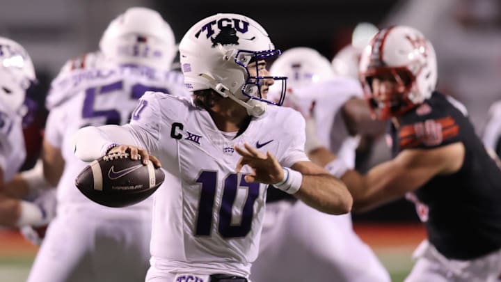 Oct 19, 2024; Salt Lake City, Utah, USA; TCU Horned Frogs quarterback Josh Hoover (10) passes against the Utah Utes during the third quarter at Rice-Eccles Stadium. Mandatory Credit: Rob Gray-Imagn Images