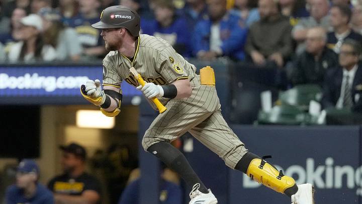 San Diego Padres second baseman Jake Cronenworth (9) breaks his bat on a fielders choice during the second inning of their National League Division Series game at American Family Field on Oct 3, 2026. San Diego Padres second baseman Jake Cronenworth (9) breaks his bat on a fielders choice during the second inning of their National League Division Series game at American Family Field on Oct 3, 2026.