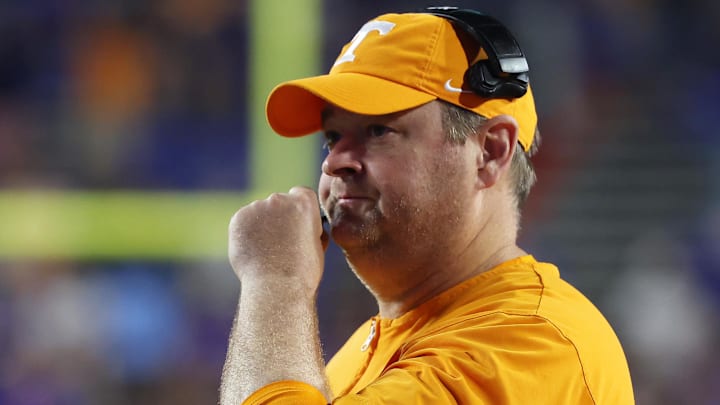 Nov 22, 2025; Gainesville, Florida, USA; Tennessee Volunteers head coach Josh Heupel against the Florida Gators during the second half at Ben Hill Griffin Stadium. Mandatory Credit: Kim Klement Neitzel-Imagn Images