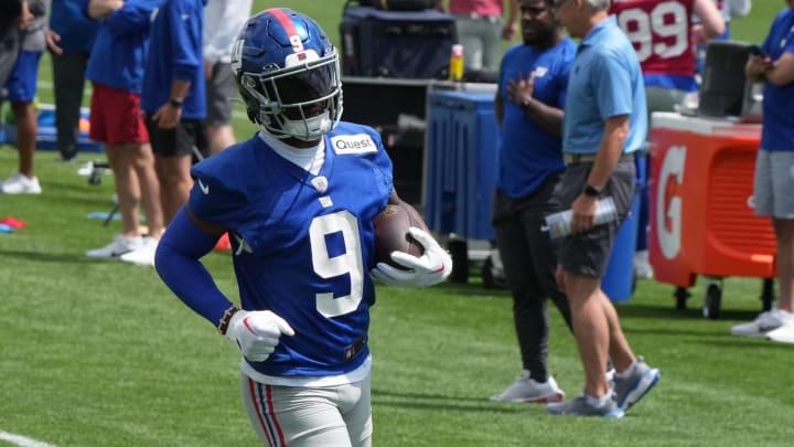 East Rutherford, NJ -- June 11, 2024 -- Wide receiver Malik Nabers at the NY Giants Mandatory Minicamp at their practice facility in East Rutherford, NJ.