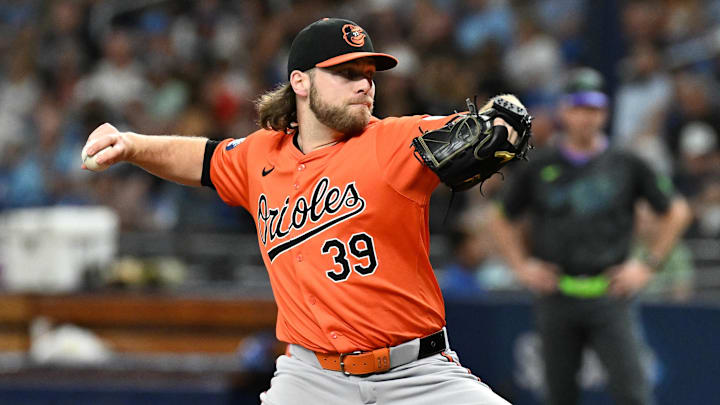 Aug 10, 2024; St. Petersburg, Florida, USA; Baltimore Orioles starting pitcher Corbin Burnes (39) throws a pitch in the first inning against the Tampa Bay Rays at Tropicana Field. Aug 10, 2024; St. Petersburg, Florida, USA; Baltimore Orioles starting pitcher Corbin Burnes (39) throws a pitch in the first inning against the Tampa Bay Rays at Tropicana Field.