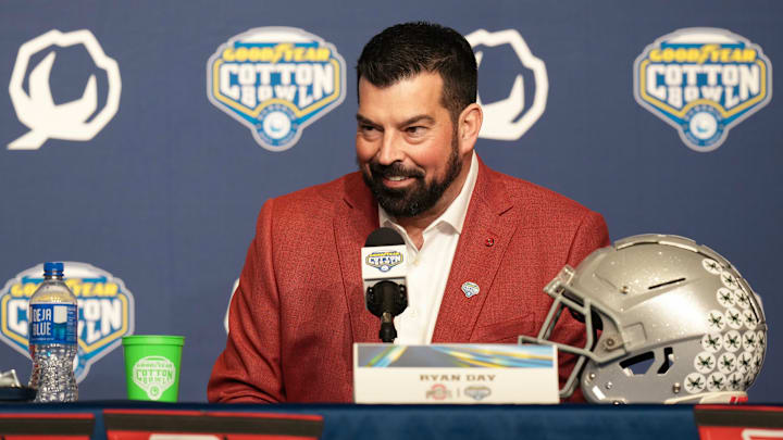 Dec 28, 2023; Arlington, Texas, USA; Ohio State Buckeyes head coach Ryan Day speaks during a press