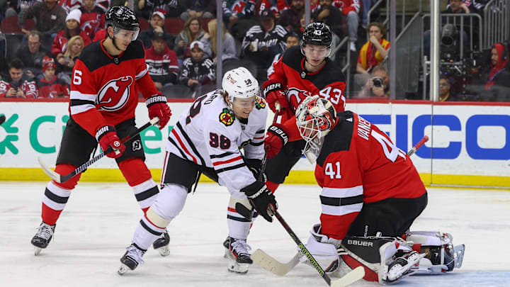 Jan 5, 2024; Newark, New Jersey, USA; New Jersey Devils goaltender Vitek Vanecek (41) makes a save
