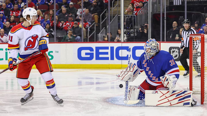 Jan 7, 2023; Newark, New Jersey, USA; New York Rangers goaltender Igor Shesterkin (31) makes a save