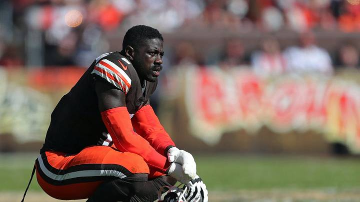 Cleveland Browns linebacker Jeremiah Owusu-Koramoah (6) rests in between plays during the first half of an NFL football game at Huntington Bank Field, Sunday, Oct. 20, 2024, in Cleveland, Ohio.