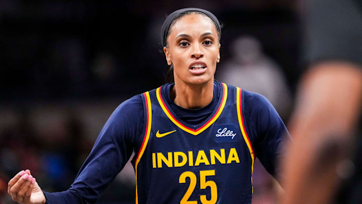 Indiana Fever forward DeWanna Bonner (25) talks with an official Tuesday, May 20, 2025, during a game between the Indiana Fever and the Atlanta Dream at Gainbridge Fieldhouse in Indianapolis.