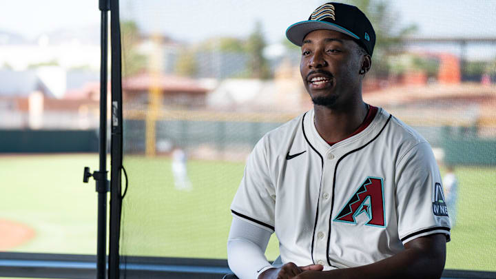 Gino Groover gives an interview during the Arizona Fall League media day at Scottsdale Stadium on Oct. 4, 2024, in Scottsdale, Arizona.