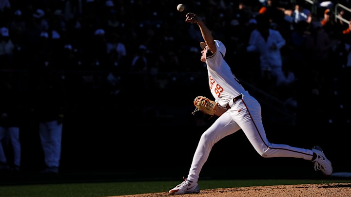 Texas Longhorns pitcher Dylan Volantis (99) throw a pitch during the annual Texas baseball alumni game at UFCU Disch-Falk Field on Saturday, Feb. 1, 2025. Texas Longhorns pitcher Dylan Volantis (99) throw a pitch during the annual Texas baseball alumni game at UFCU Disch-Falk Field on Saturday, Feb. 1, 2025.