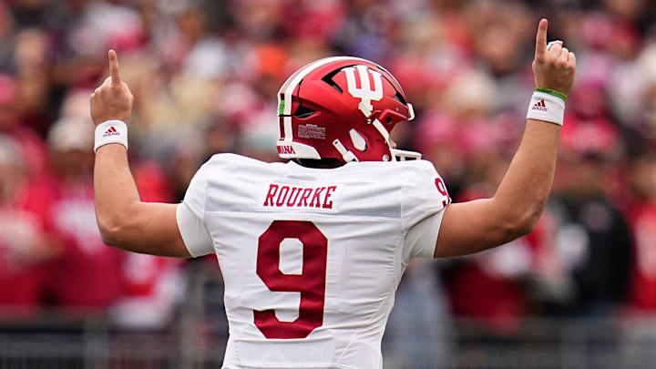 Indiana Hoosiers quarterback Kurtis Rourke (9) signals during the first half of the NCAA football game against the Ohio State Buckeyes at Ohio Stadium in Columbus on Saturday, Nov. 23, 2024.