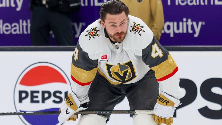 Apr 24, 2026; Salt Lake City, Utah, USA; Vegas Golden Knights defenseman Rasmus Andersson (4) warms up before a game against the Utah Mammoth in game three of the first round of the 2026 Stanley Cup Playoffs at Delta Center. Mandatory Credit: Rob Gray-Imagn Images