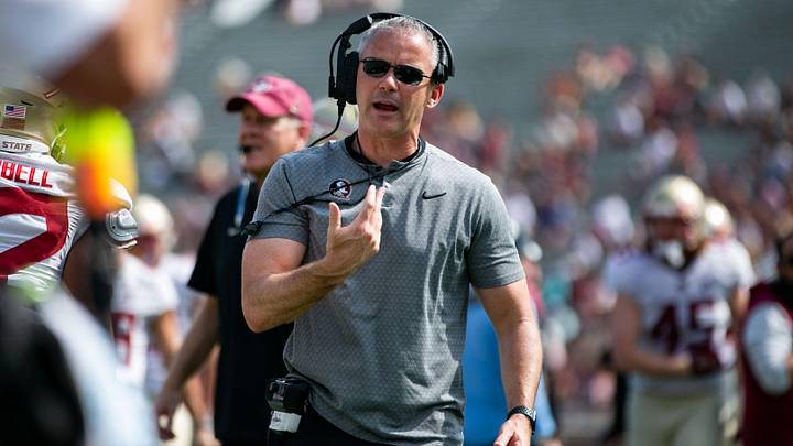 Florida State Seminoles head coach Mike Norvell gets pumped up after a play. Seminole fans watched as the Florida State football team hosted the FSU Garnet and Gold Spring Showcase on Saturday, April 15, 2023.

Fsu Spring Game712