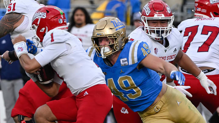Nov 30, 2024; Pasadena, California, USA; UCLA Bruins linebacker Carson Schwesinger (49) sacks Fresno State Bulldogs quarterback Mikey Keene (1) during the second quarter at Rose Bowl. Mandatory Credit: Robert Hanashiro-Imagn Images Nov 30, 2024; Pasadena, California, USA; UCLA Bruins linebacker Carson Schwesinger (49) sacks Fresno State Bulldogs quarterback Mikey Keene (1) during the second quarter at Rose Bowl. Mandatory Credit: Robert Hanashiro-Imagn Images
