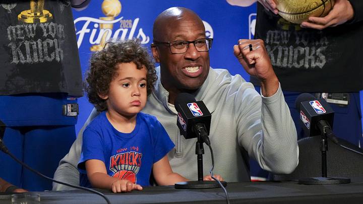 Jun 13, 2026; San Antonio, Texas, USA; New York Knicks head coach Mike Brown speaks to the media after the Knicks defeat the San Antonio Spurs during game five of the 2026 NBA Finals at Frost Bank Center. Mandatory Credit: Scott Wachter-Imagn Images