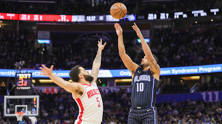 Orlando Magic guard Cory Joseph (10) shoots over Houston Rockets guard Fred VanVleet (5) during the first quarter at Kia Center.