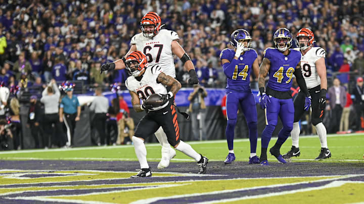 Nov 7, 2024; Baltimore, Maryland, USA; Cincinnati Bengals running back Chase Brown (30) reacts after scoring during the first quarter against the Baltimore Ravens at M&T Bank Stadium. Mandatory Credit: Tommy Gilligan-Imagn Images Nov 7, 2024; Baltimore, Maryland, USA; Cincinnati Bengals running back Chase Brown (30) reacts after scoring during the first quarter against the Baltimore Ravens at M&T Bank Stadium. Mandatory Credit: Tommy Gilligan-Imagn Images