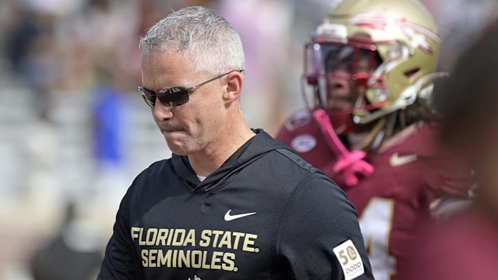 Oct 11, 2025; Tallahassee, Florida, USA; Florida State Seminoles head coach Mike Norvell after losing the game to the Pittsburgh Panthers at Doak S. Campbell Stadium. Mandatory Credit: Melina Myers-Imagn Images