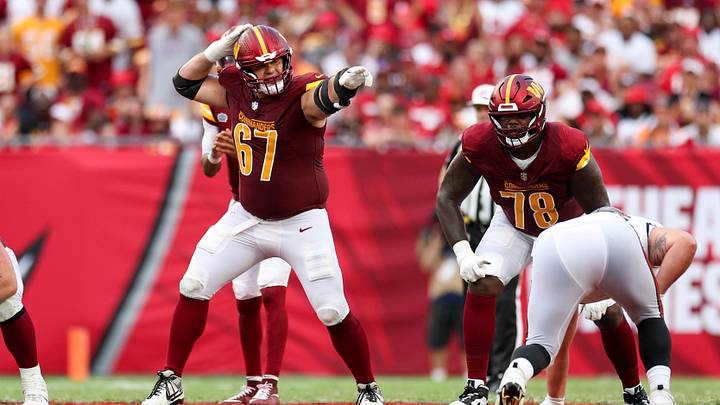 Sep 8, 2024; Tampa, Florida, USA; Washington Commanders guard Nick Allegretti (67) calls a play against the Tampa Bay Buccaneers in the fourth quarter at Raymond James Stadium. Mandatory Credit: Nathan Ray Seebeck-Imagn Images Sep 8, 2024; Tampa, Florida, USA; Washington Commanders guard Nick Allegretti (67) calls a play against the Tampa Bay Buccaneers in the fourth quarter at Raymond James Stadium. Mandatory Credit: Nathan Ray Seebeck-Imagn Images