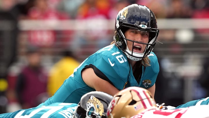 Sep 28, 2025; Santa Clara, California, USA; Jacksonville Jaguars quarterback Trevor Lawrence (16) yells during the first quarter against the San Francisco 49ers at Levi's Stadium. Mandatory Credit: Darren Yamashita-Imagn Images