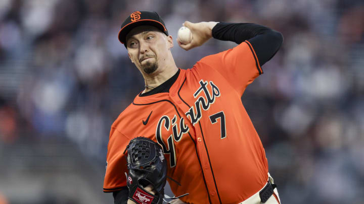 Apr 19, 2024; San Francisco, California, USA;  San Francisco Giants pitcher Blake Snell (7) throws against the Arizona Diamondbacks during the first inning at Oracle Park.
