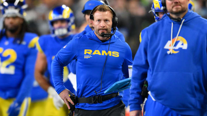 Dec 18, 2025; Seattle, Washington, USA; Los Angeles Rams head coach Sean McVay looks on in the first half against the Seattle Seahawks at Lumen Field. Mandatory Credit: Steven Bisig-Imagn Images