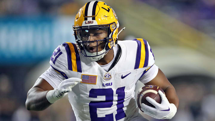 Oct 21, 2023; Baton Rouge, Louisiana, USA; LSU Tigers running back Noah Cain (21) carries the ball
