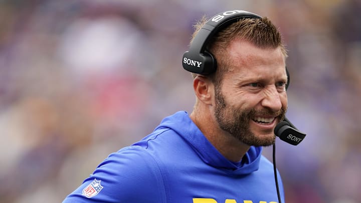 Oct 12, 2025; Baltimore, Maryland, USA; Los Angeles Rams head coach Sean McVay looks on during the second quarter of the game against the Baltimore Ravens at M&T Bank Stadium. Mandatory Credit: Mitch Stringer-Imagn Images