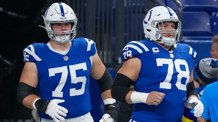 Indianapolis Colts guard Will Fries (75) and center Ryan Kelly (78) enter the field before the game against New Orleans, Sunday., Oct 29, 2023, at Lucas Oil Stadium in Indianapolis.
