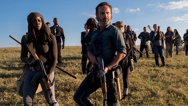 Danai Gurira as Michonne, Andrew Lincoln as Rick Grimes, Christian Serratos as Rosita Espinosa, Norman Reedus as Daryl Dixon, Melissa McBride as Carol Peletier - The Walking Dead _ Season 8, Episode 16 - Photo Credit: Gene Page/AMC