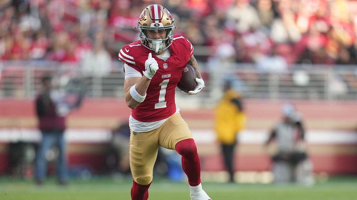 Dec 14, 2025; Santa Clara, California, USA; San Francisco 49ers wide receiver Ricky Pearsall (1) runs with the ball during the third quarter against the Tennessee Titans at Levi's Stadium. Mandatory Credit: Cary Edmondson-Imagn Images Dec 14, 2025; Santa Clara, California, USA; San Francisco 49ers wide receiver Ricky Pearsall (1) runs with the ball during the third quarter against the Tennessee Titans at Levi's Stadium. Mandatory Credit: Cary Edmondson-Imagn Images