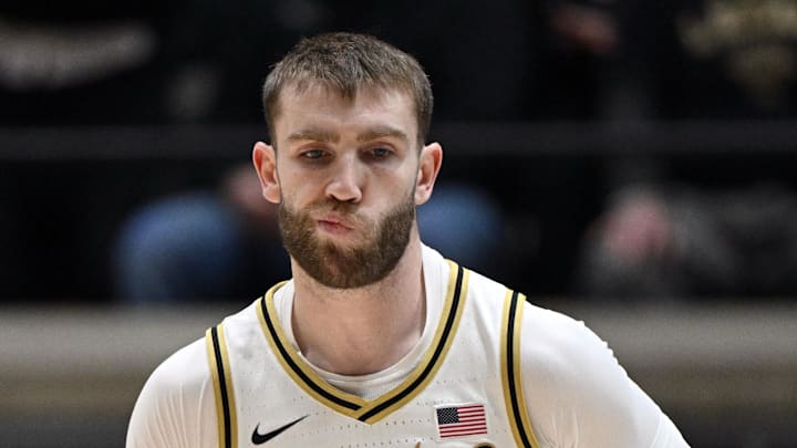 Feb 7, 2026; West Lafayette, Indiana, USA; Purdue Boilermakers guard Braden Smith (3) reacts after a call during the first half against the Oregon Ducks at Mackey Arena. Mandatory Credit: Marc Lebryk-Imagn Images Feb 7, 2026; West Lafayette, Indiana, USA; Purdue Boilermakers guard Braden Smith (3) reacts after a call during the first half against the Oregon Ducks at Mackey Arena. Mandatory Credit: Marc Lebryk-Imagn Images
