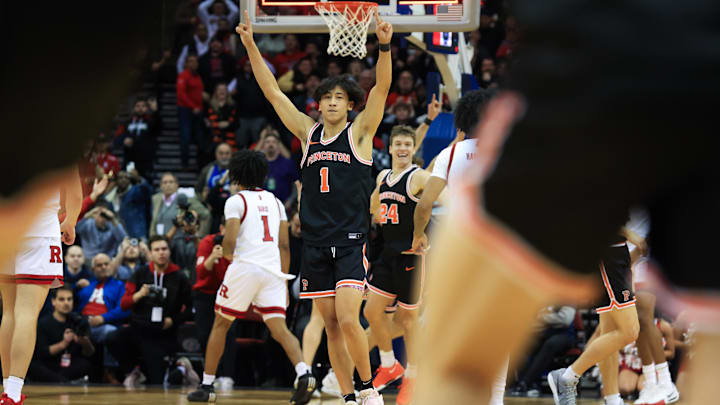 Dec 21, 2024; Newark, New Jersey, USA; Princeton Tigers guard Xaivian Lee (1) celebrates a win over Rutgers Scarlet Knights at Prudential Center. Mandatory Credit: Tom Horak-Imagn Images