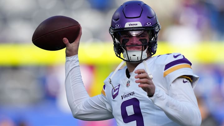 Dec 21, 2025; East Rutherford, New Jersey, USA; Minnesota Vikings quarterback J.J. McCarthy (9) practices before the game at MetLife Stadium.