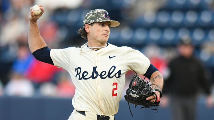 Ole Miss pitcher Riley Maddox (2) pitches against Mississippi State at Swayze Field in Oxford, Miss., on Friday, Apr. 12, 2024.