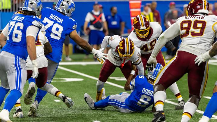 Aug 22, 2026; Detroit, Michigan, USA; Washington Commanders cornerback Amik Robertson (2) sacks Detroit Lions quarterback Joshua Dobbs (6) and causes a fumble in the first quarter at Ford Field. Mandatory Credit: David Reginek-Imagn Images Aug 22, 2026; Detroit, Michigan, USA; Washington Commanders cornerback Amik Robertson (2) sacks Detroit Lions quarterback Joshua Dobbs (6) and causes a fumble in the first quarter at Ford Field. Mandatory Credit: David Reginek-Imagn Images
