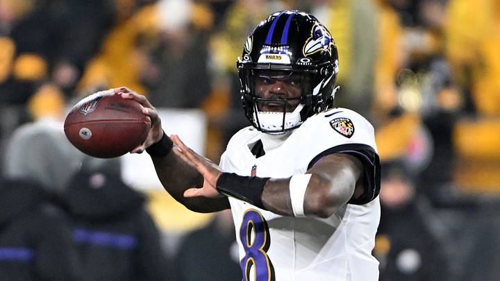 Baltimore Ravens quarterback Lamar Jackson (8) practices before the game at Acrisure Stadium. Baltimore Ravens quarterback Lamar Jackson (8) practices before the game at Acrisure Stadium.