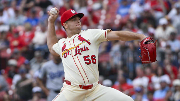 Jun 7, 2025; St. Louis, Missouri, USA;  St. Louis Cardinals relief pitcher Ryan Helsley (56) pitches against the Los Angeles Dodgers during the ninth inning at Busch Stadium. Mandatory Credit: Jeff Curry-Imagn Images