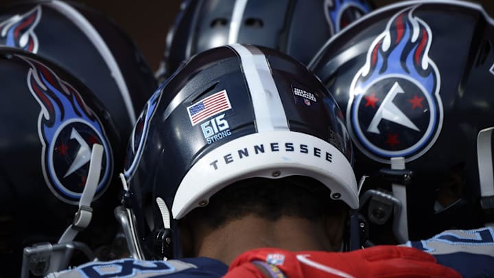 Titans players wear a \"615 Strong\" logo on their helmets