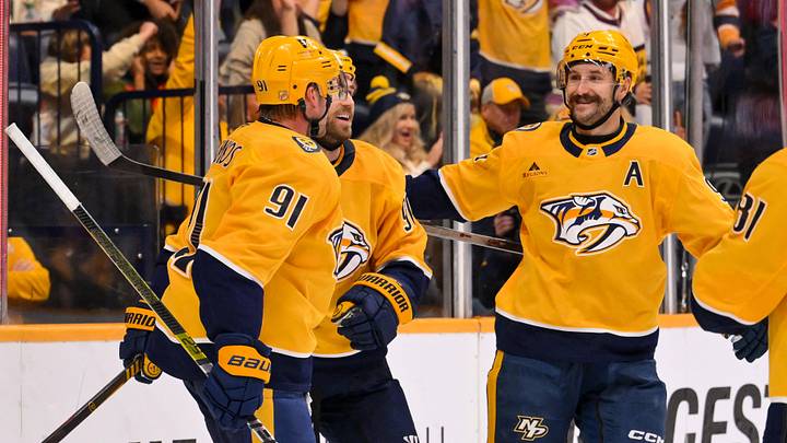 Oct 25, 2026; Nashville, Tennessee, USA; Nashville Predators center Steven Stamkos (91) celebrates with his teammates after scoring a goal against the Colorado Avalanche during the third period at Bridgestone Arena. Mandatory Credit: Steve Roberts-Imagn Images Oct 25, 2026; Nashville, Tennessee, USA; Nashville Predators center Steven Stamkos (91) celebrates with his teammates after scoring a goal against the Colorado Avalanche during the third period at Bridgestone Arena. Mandatory Credit: Steve Roberts-Imagn Images