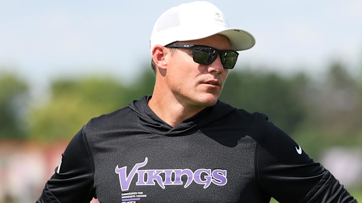 Jul 29, 2025; Eagan, MN, USA; Minnesota Vikings head coach Kevin O'Connell looks on during the teams training camp at the Minnesota Vikings Training Facility. Jul 29, 2025; Eagan, MN, USA; Minnesota Vikings head coach Kevin O'Connell looks on during the teams training camp at the Minnesota Vikings Training Facility.