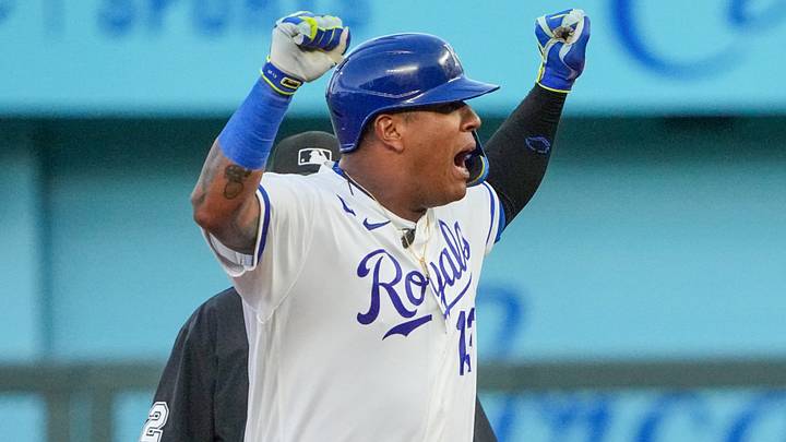 Aug 19, 2026; Kansas City, Missouri, USA; Kansas City Royals designated hitter Salvador Perez (13) celebrates toward the dugout after hitting a one run double against the Athletics during the fourth inning at Kauffman Stadium. Mandatory Credit: Denny Medley-Imagn Images