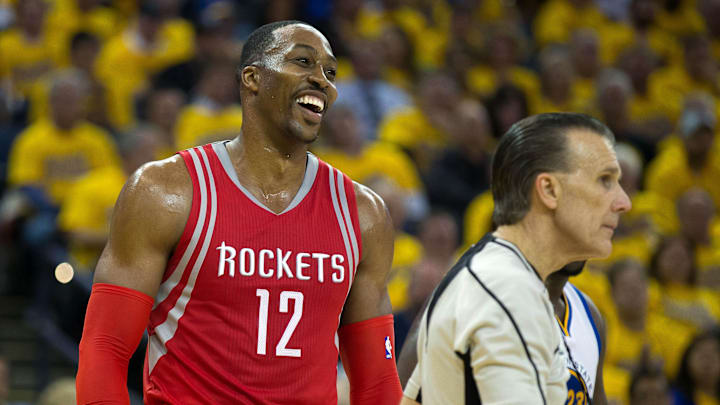 Apr 27, 2016; Oakland, CA, USA; Houston Rockets center Dwight Howard (12) reacts after being called for a foul against the Golden State Warriors during the third quarter in game five of the first round of the NBA Playoffs at Oracle Arena. Mandatory Credit: Kelley L Cox-Imagn Images