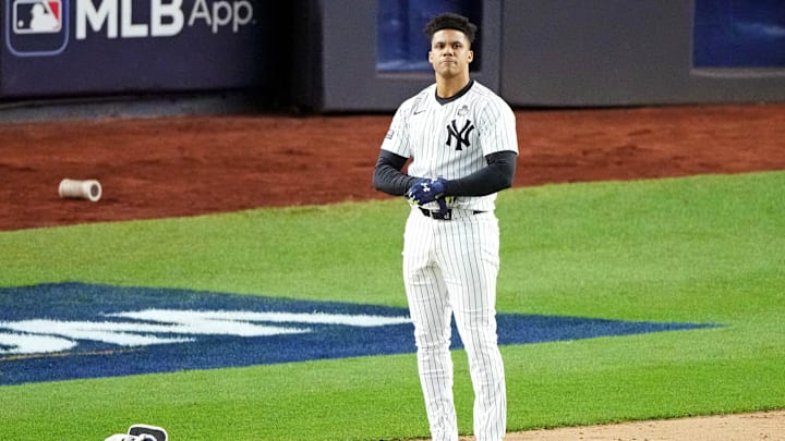 Oct 28, 2024; New York, New York, USA; New York Yankees outfielder Juan Soto (22) reacts after grounding out during the third inning against the Los Angeles Dodgers in game three of the 2024 MLB World Series at Yankee Stadium. Mandatory Credit: Robert Deutsch-Imagn Images Oct 28, 2024; New York, New York, USA; New York Yankees outfielder Juan Soto (22) reacts after grounding out during the third inning against the Los Angeles Dodgers in game three of the 2024 MLB World Series at Yankee Stadium. Mandatory Credit: Robert Deutsch-Imagn Images
