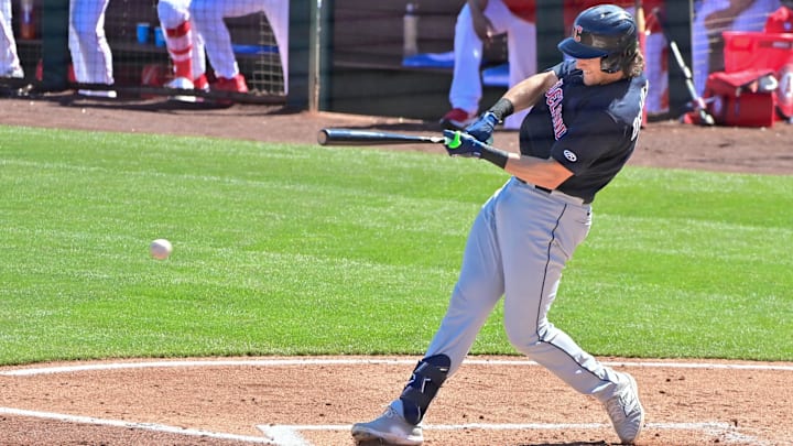 Feb 29, 2024: Cleveland Guardians right fielder Chase DeLauter (6)  grounds out in the third inning against the Los Angeles Angels during a spring training game at Tempe Diablo Stadium. 