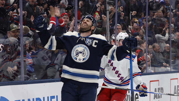 Mar 19, 2026; Columbus, Ohio, USA; Columbus Blue Jackets center Boone Jenner (38) celebrates his goal against the New York Rangers during the second period at Nationwide Arena. Mandatory Credit: Russell LaBounty-Imagn Images