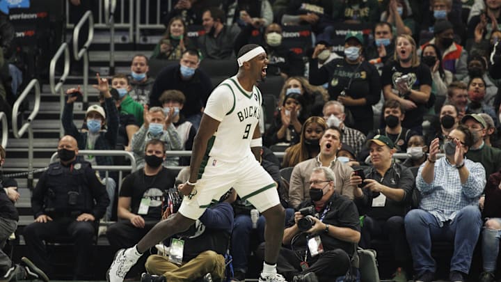 Jan 13, 2022; Milwaukee, Wisconsin, USA; Milwaukee Bucks forward Bobby Portis (9) reacts after making a basket during the first quarter against the Golden State Warriors at Fiserv Forum. Mandatory Credit: Jeff Hanisch-Imagn Images Jan 13, 2022; Milwaukee, Wisconsin, USA; Milwaukee Bucks forward Bobby Portis (9) reacts after making a basket during the first quarter against the Golden State Warriors at Fiserv Forum. Mandatory Credit: Jeff Hanisch-Imagn Images