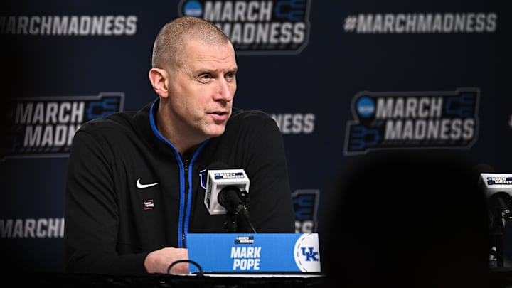 Mar 22, 2026; St. Louis, MO, USA; Kentucky Wildcats head coach Mark Pope speaks during the postgame press conference after the game against the Iowa State Cyclones during a second round game of the men's 2026 NCAA Tournament at Enterprise Center. Mandatory Credit: Jeff Le-Imagn Images
